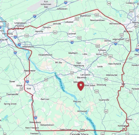 Map of J&G Heating & Air Conditioning service area across Lancaster County, PA