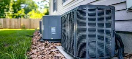 Outdoor heat pump unit installed on a concrete pad