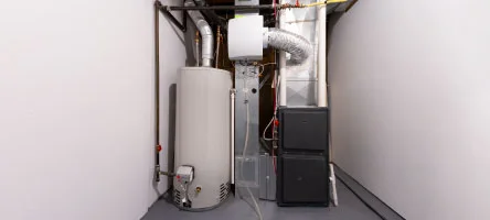 Power-vented water heater with exhaust venting installed in a Pennsylvania home